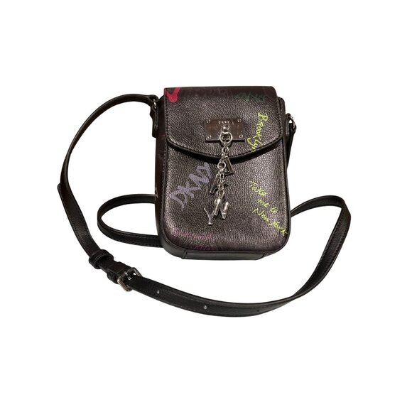 DKNY w/ Charm Small Crossbody Bag Graffiti Design Black Cleo Phone - Picture 1 of 7